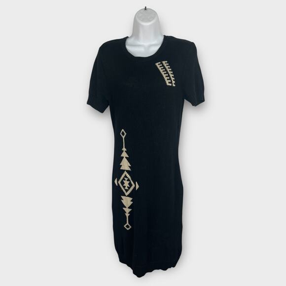 Lauren Ralph Lauren Linen Cotton Blend Aztec Knit Sweater Dress Black Medium - Picture 1 of 8